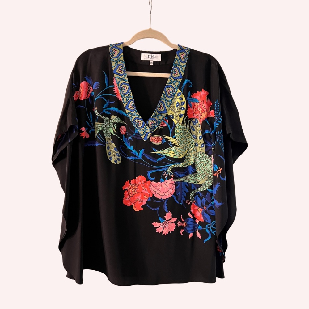 RARE Tibi Silk Kaftan Blouse Black w/ pink green blue Size XS ( fits like S M )